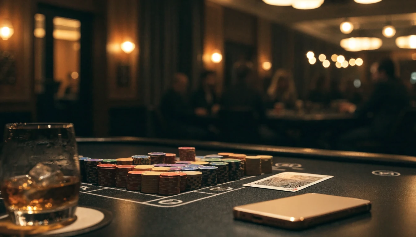 Empty casino card table with chips and a face-down smartphone
