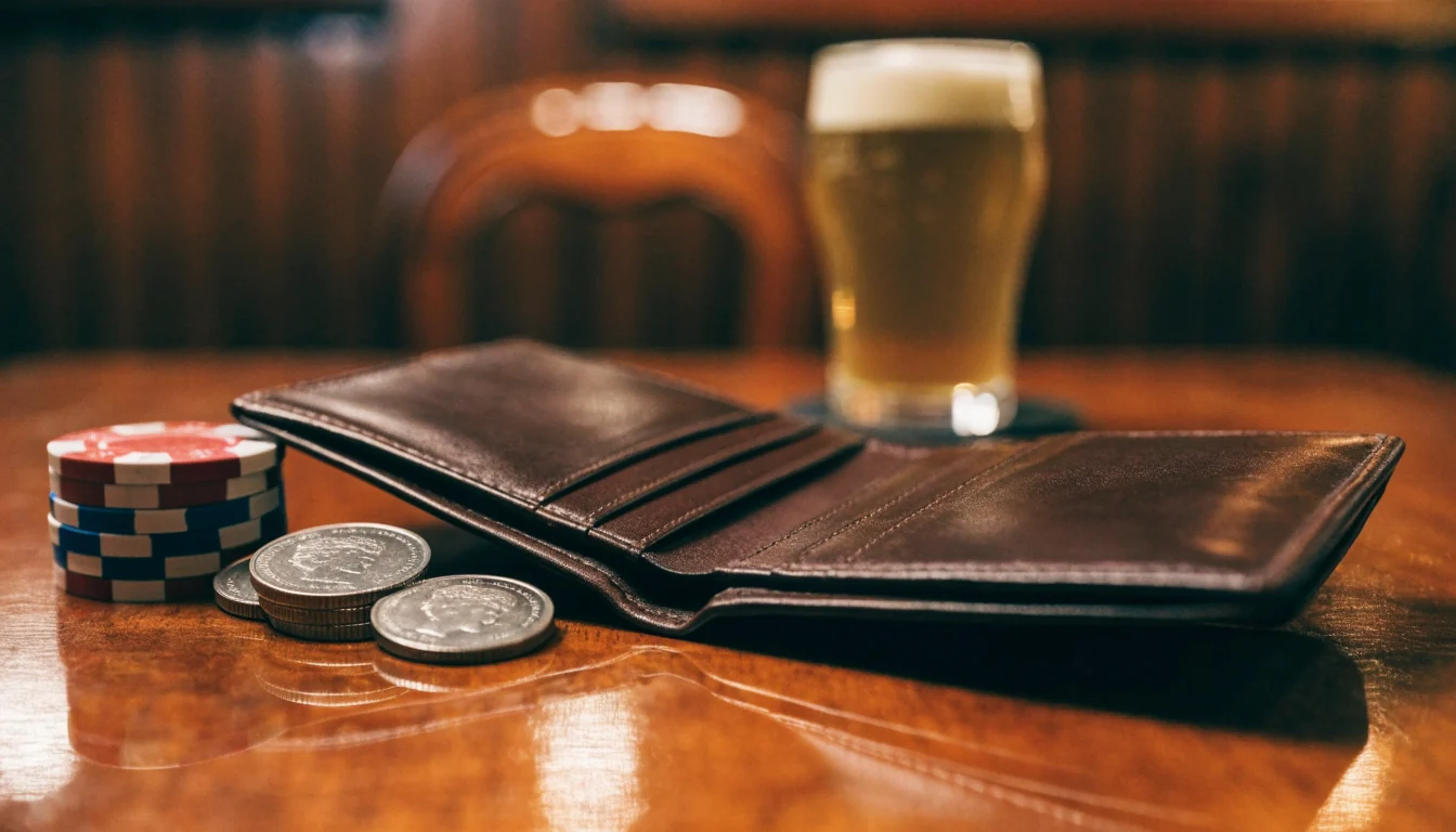 Open wallet with casino chips and British pound coins on a pub table