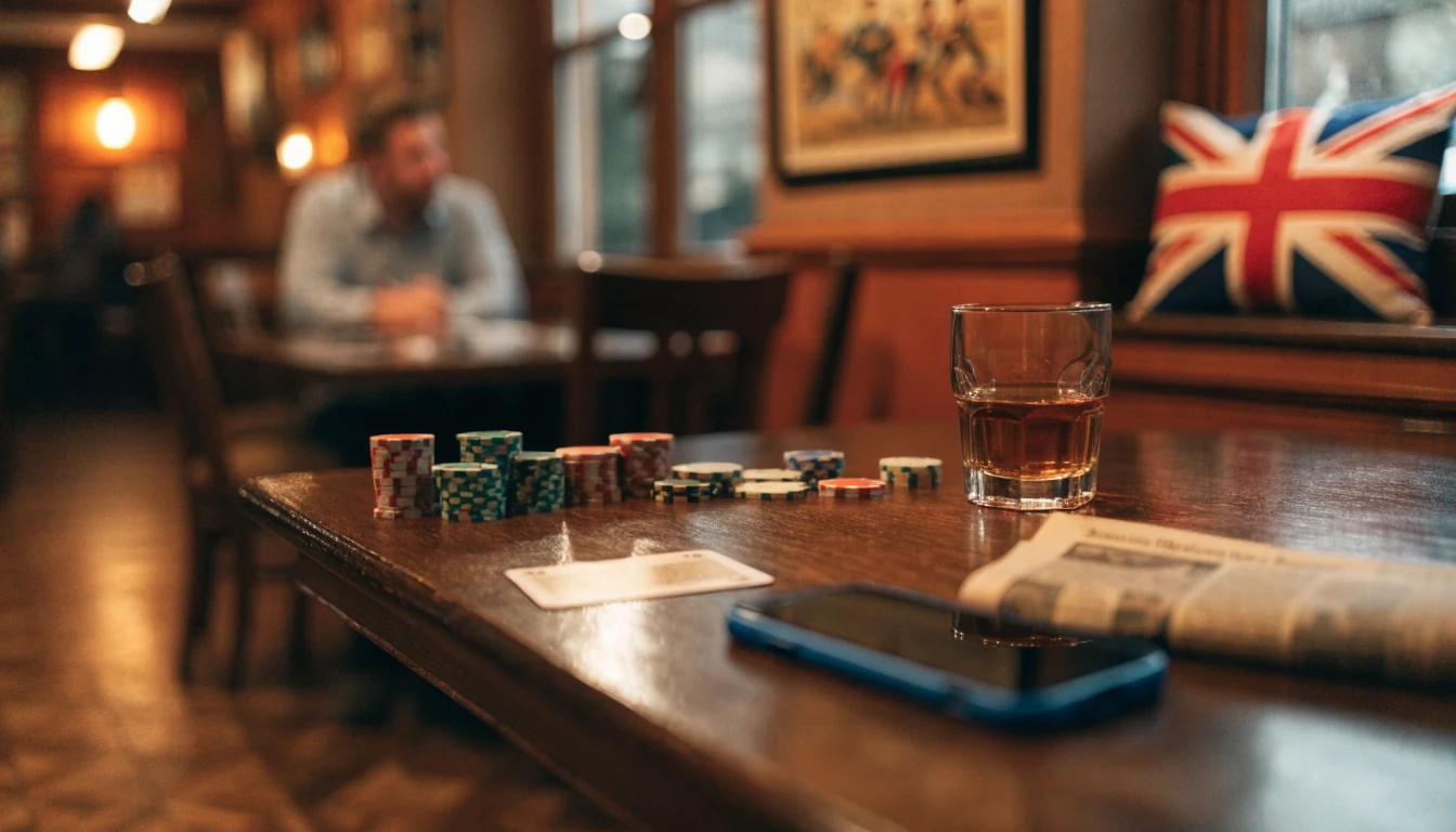 British pub table with casino chips and a face-down smartphone