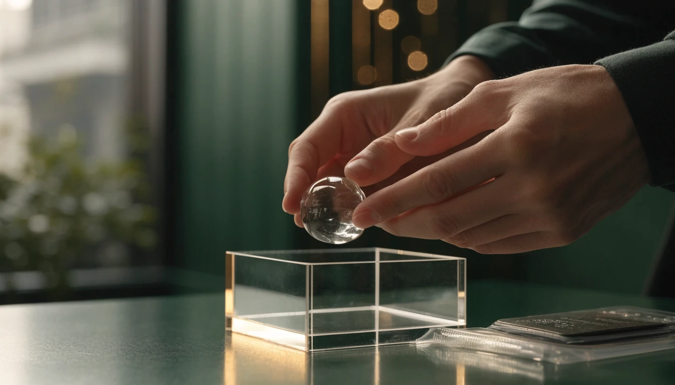 Transparent bonus token released from an empty box on a premium UK desk