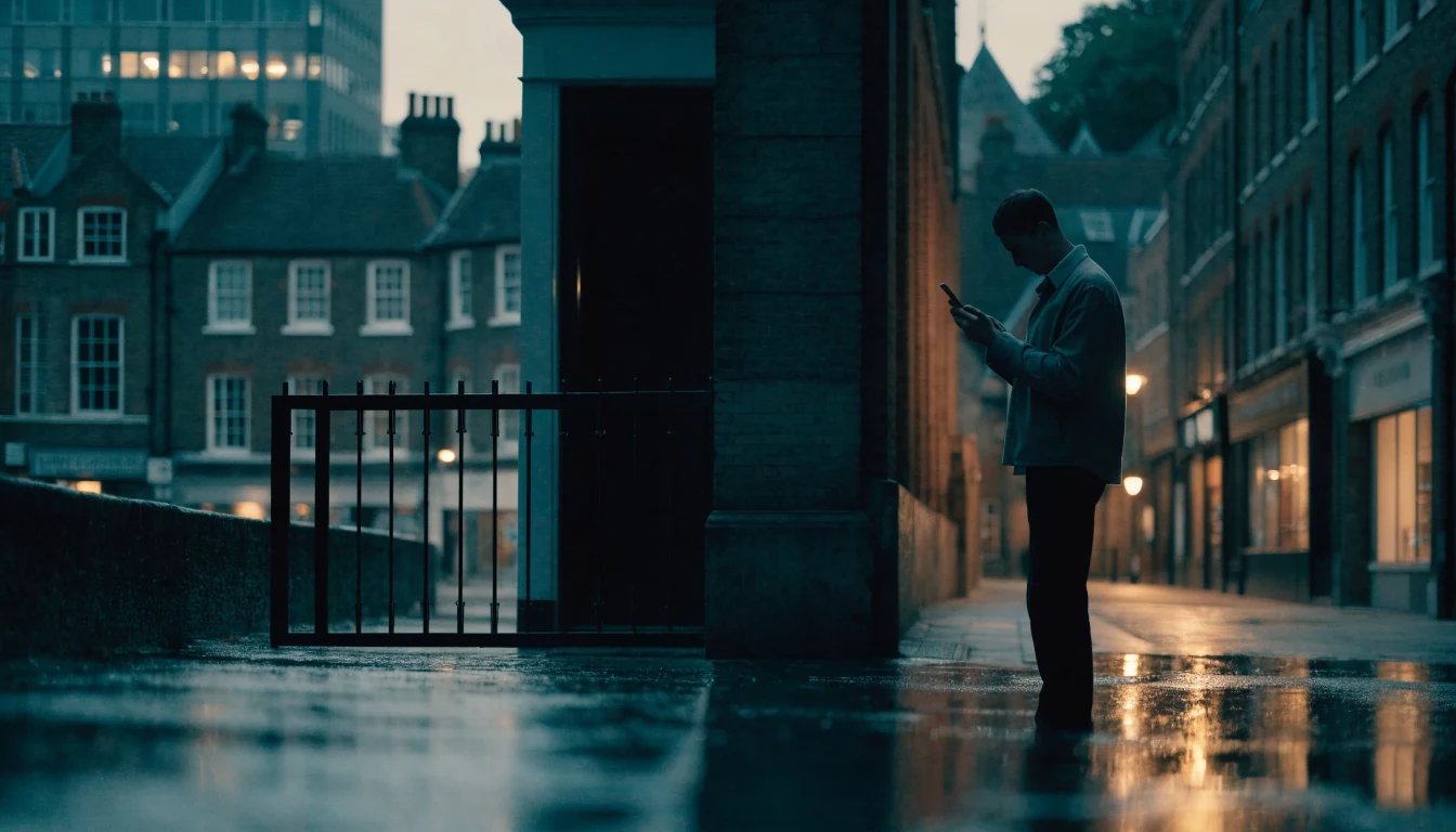 Lone figure on a damp London street at dusk holding a phone, with British brick buildings and a symbolic doorway in the background.