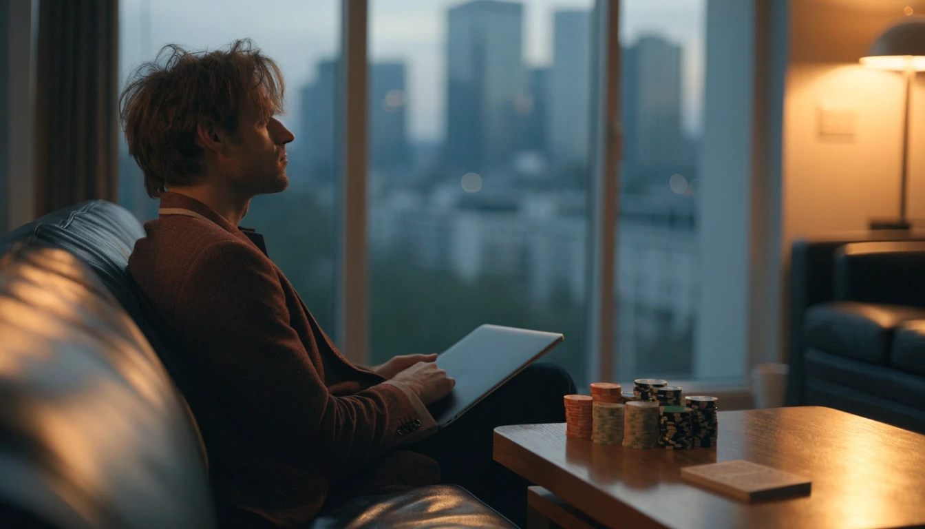 Contemplative man in London apartment at dusk with closed laptop and untouched casino chips on table