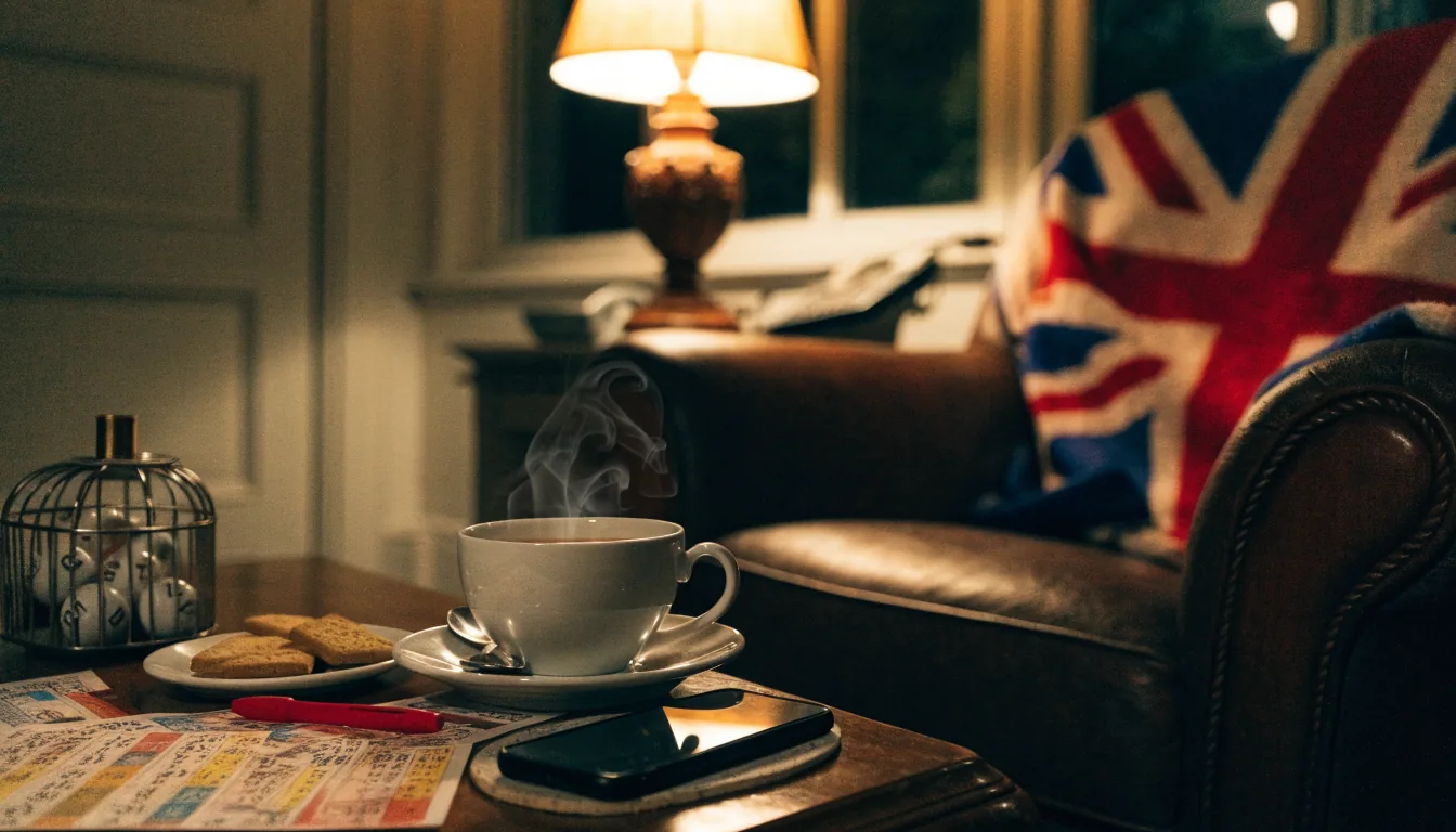 British cozy living room with tea, bingo tickets and phone screen turned away