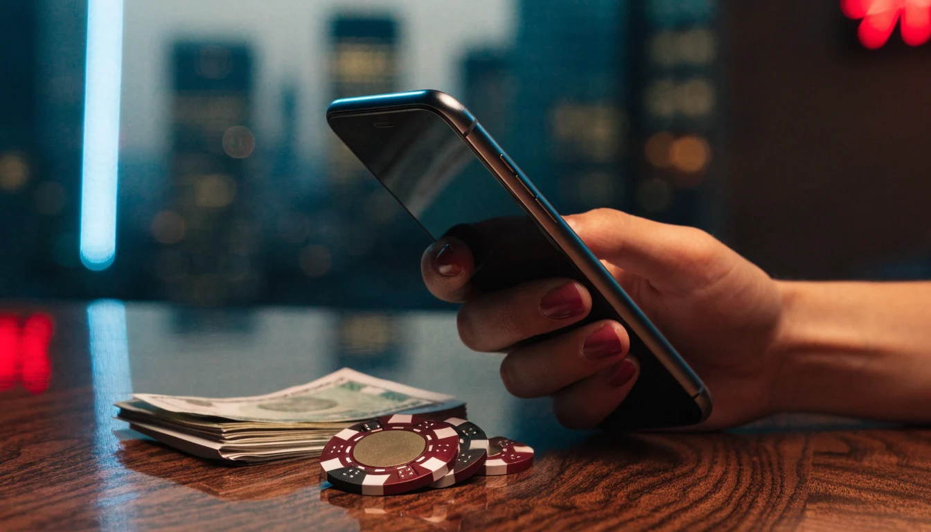 Smartphone turned away beside cash and casino chips in a London setting