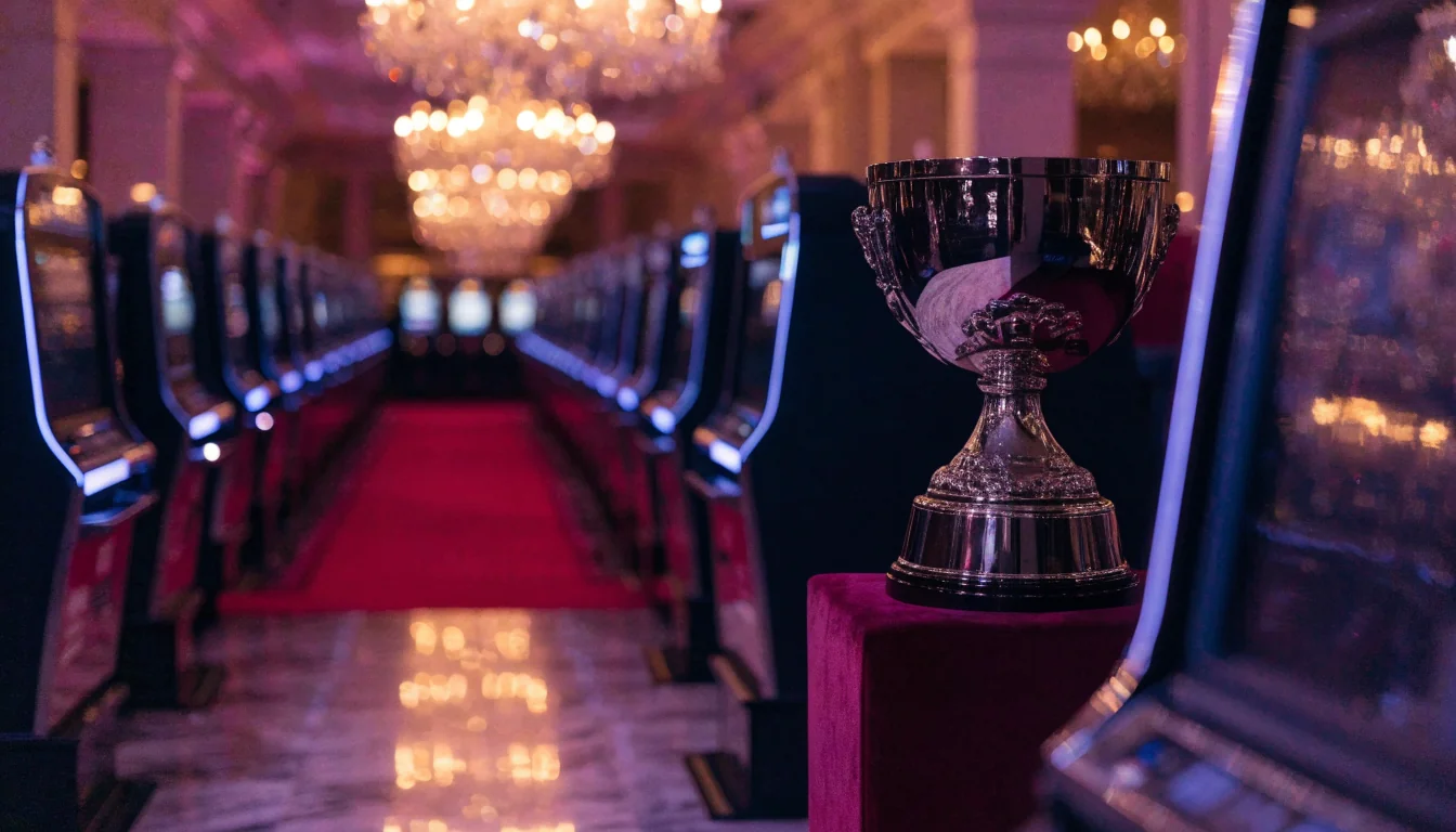 Elegant casino tournament hall with trophy and slot machines