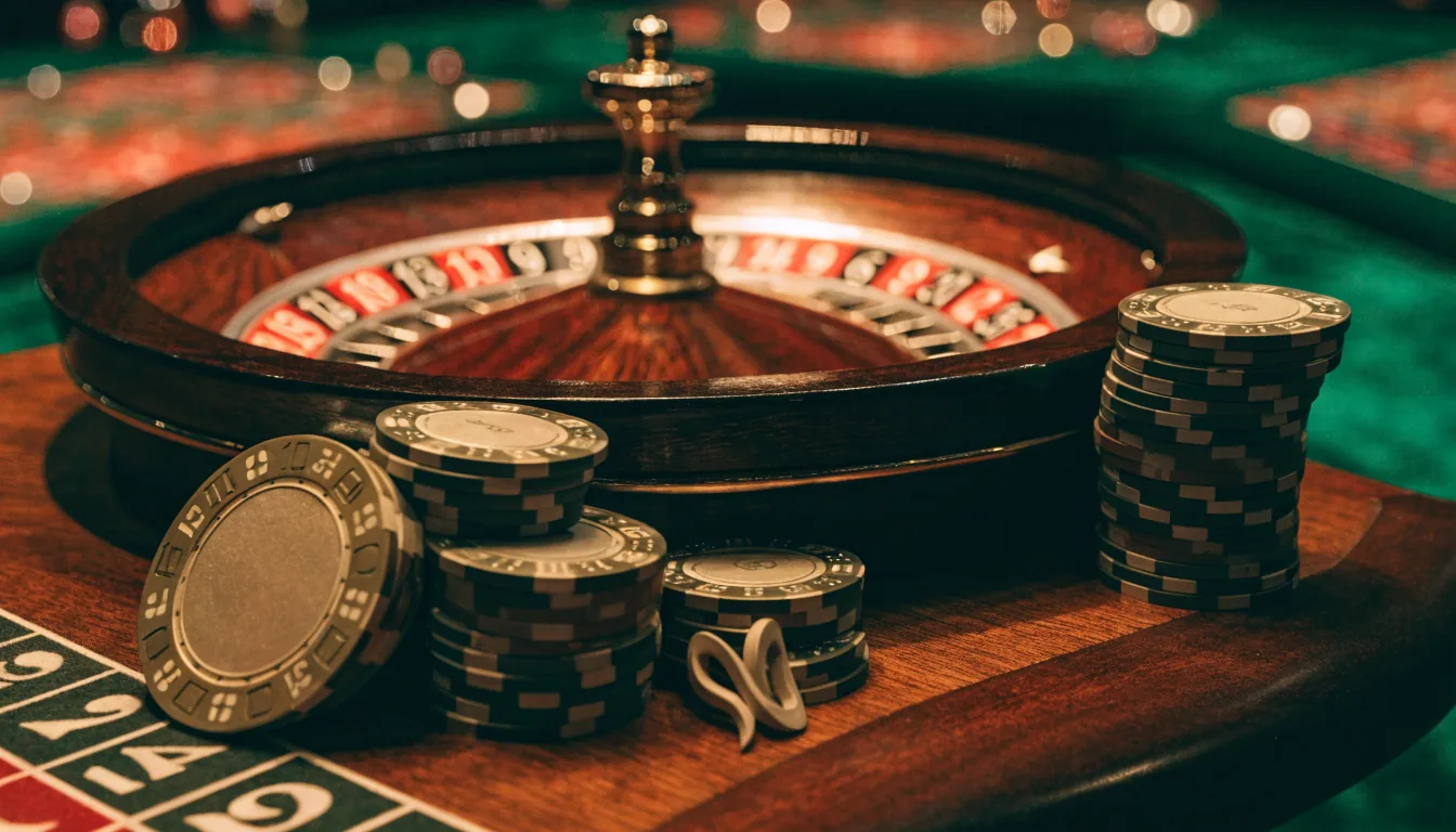 Elegant roulette table with casino chips under warm lighting