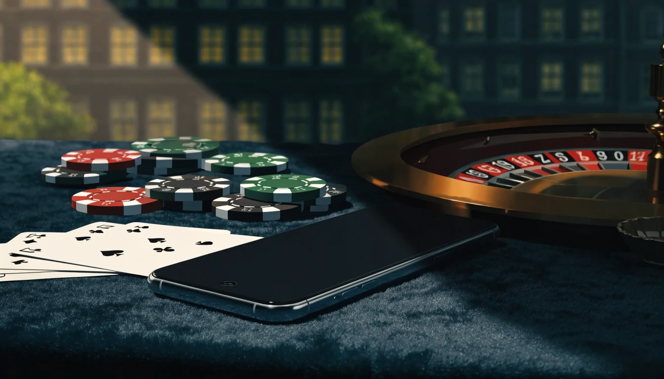 Elegant UK casino bonus scene with hidden phone, chips, cards, and roulette wheel.