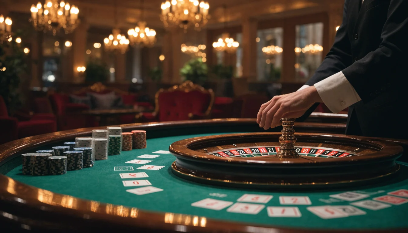 Elegant UK casino lounge with roulette wheel, chips, and croupier at baccarat table