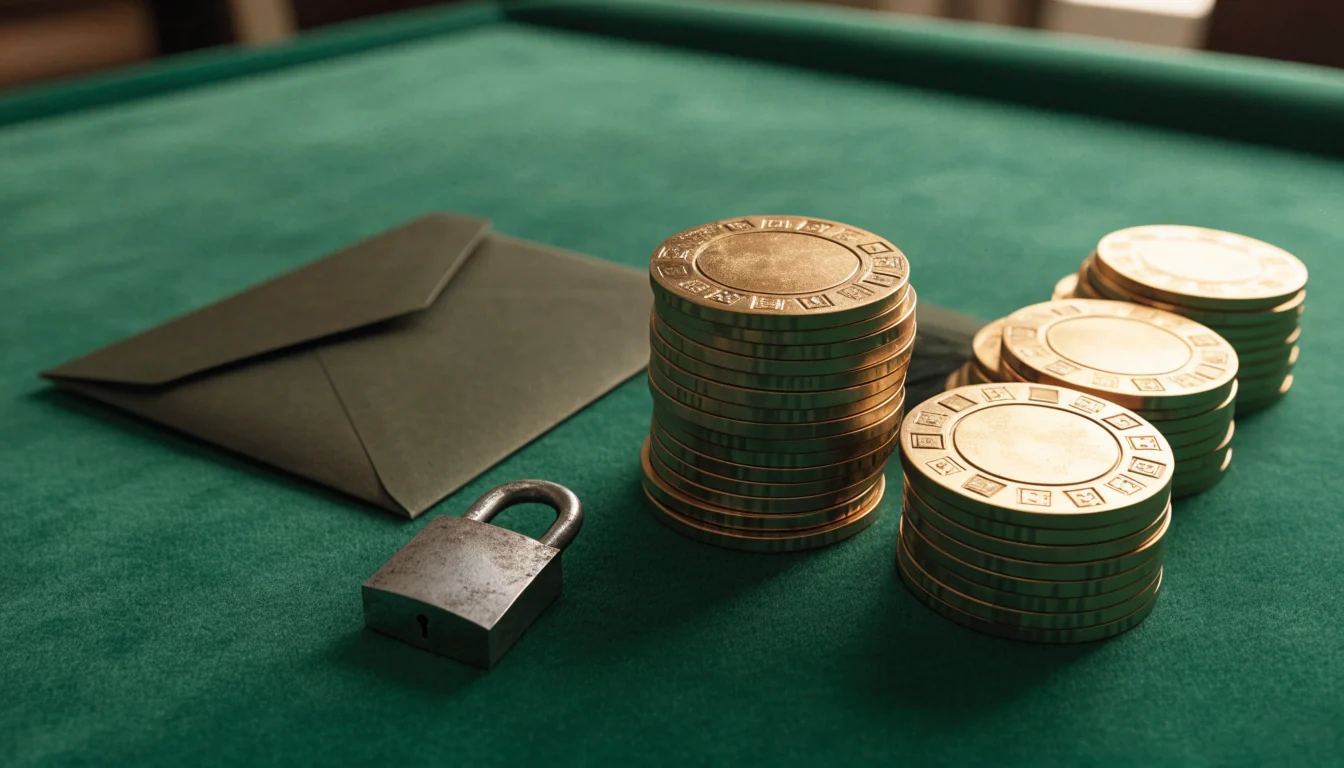 Casino deposit chips and locked bonus envelope on a green table