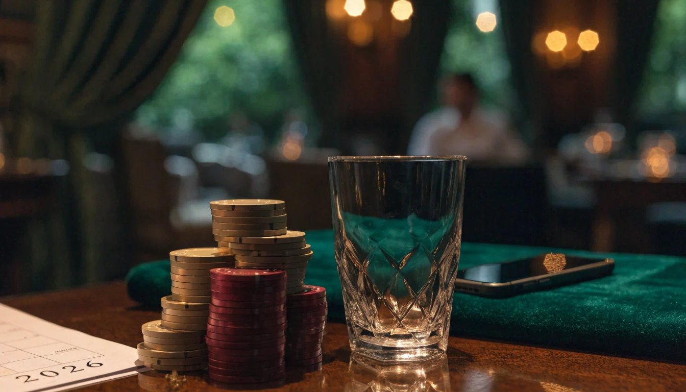British lounge scene with casino chips, a face-down phone, and gold accents suggesting a casino welcome bonus.