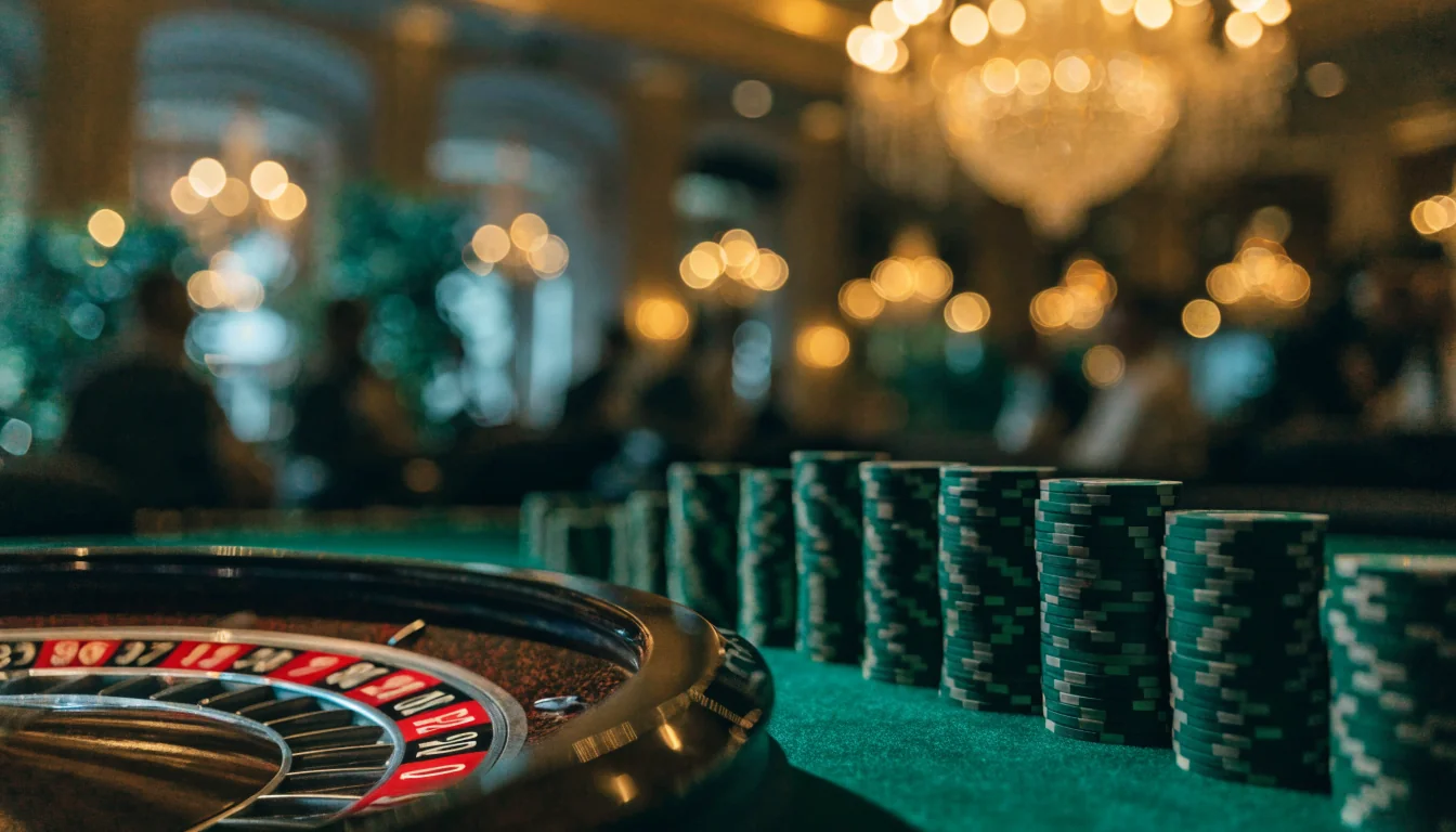 Glamorous casino table with roulette wheel and chips under golden lights