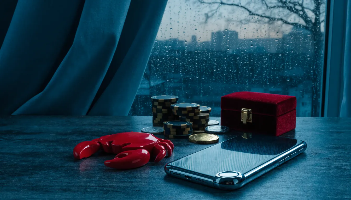 Red crab token with casino chips and an unbranded phone in a UK setting