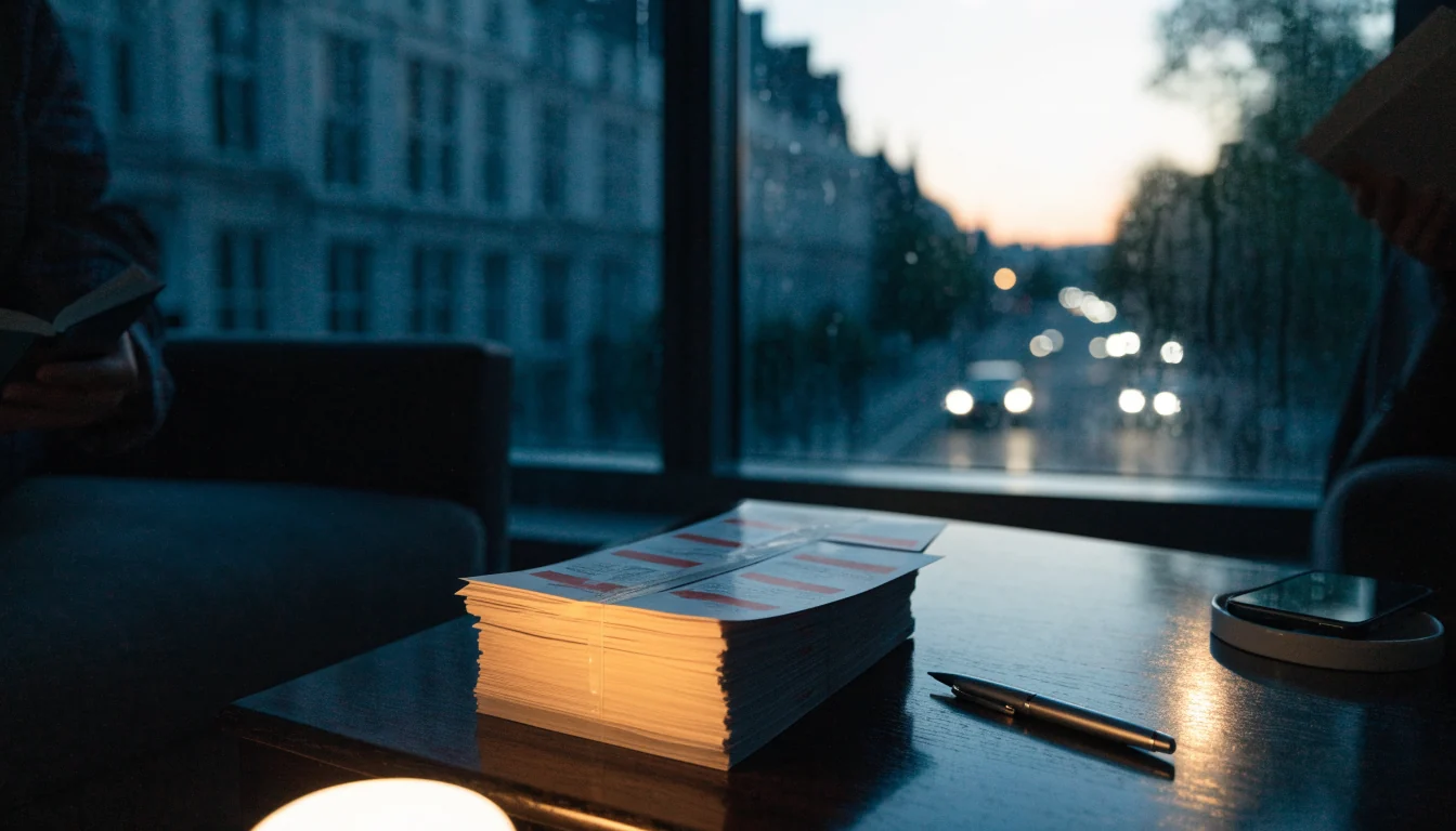 Stylish London apartment scene with promotional envelopes on a coffee table at dusk