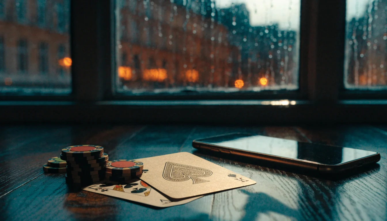 Casino chips, playing cards and a face-down smartphone on a dark table with a rainy London skyline through the window.