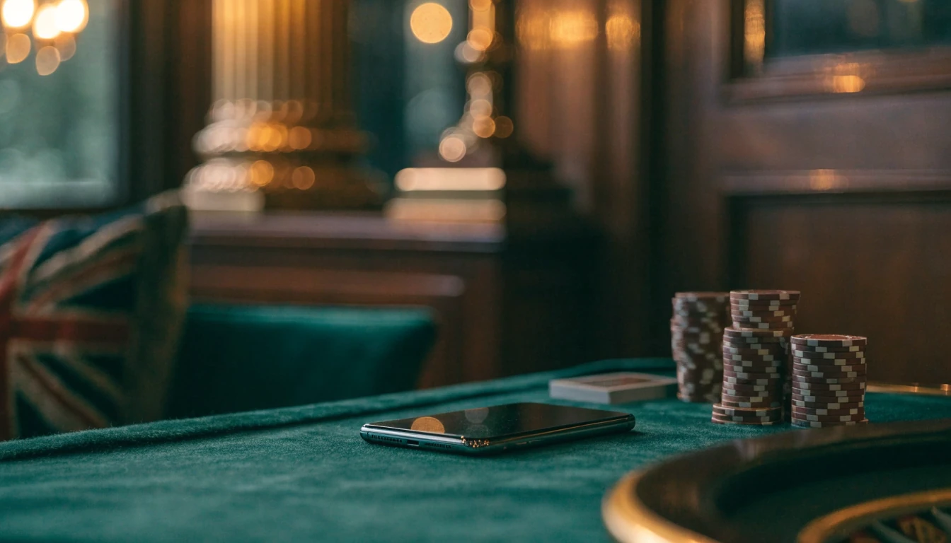 Isolated smartphone and casino chips in a discreet London gaming lounge