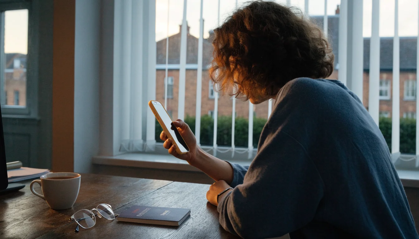Person at desk holding smartphone with UK passport and tea nearby
