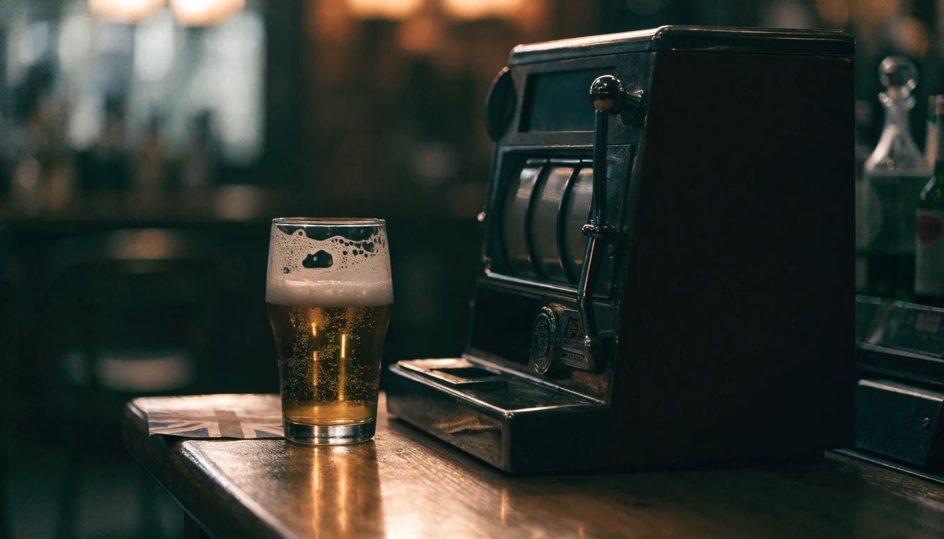 Dimly lit British pub counter with a vintage slot machine and a pint of ale