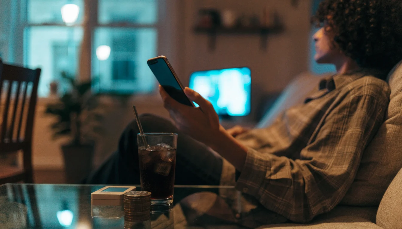 Person holding a smartphone at home with contactless payment items on table