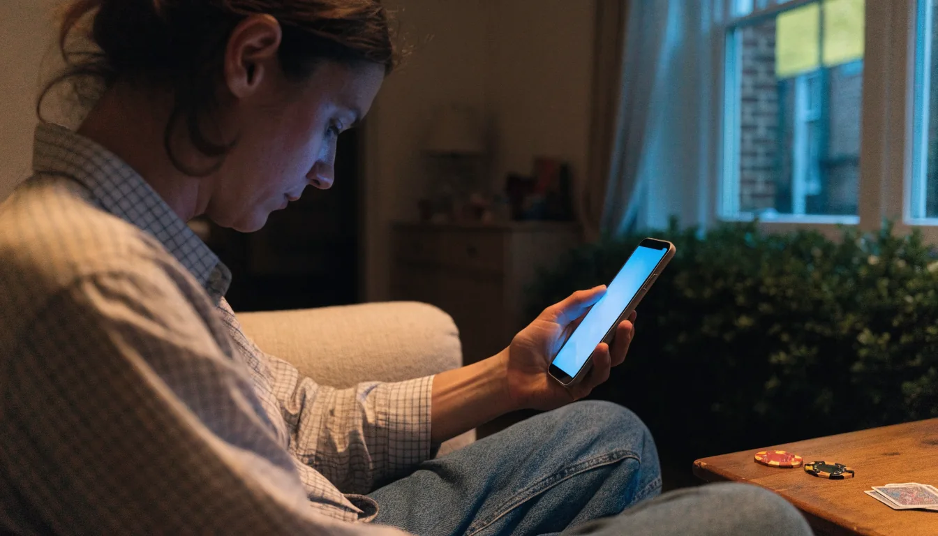 Person making a mobile phone payment at home with casino chips nearby