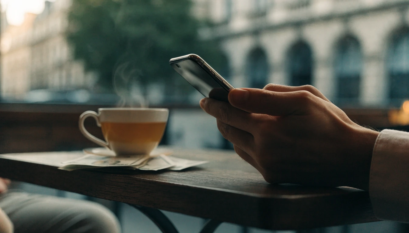 Hand holding smartphone beside tea and pound notes in UK café