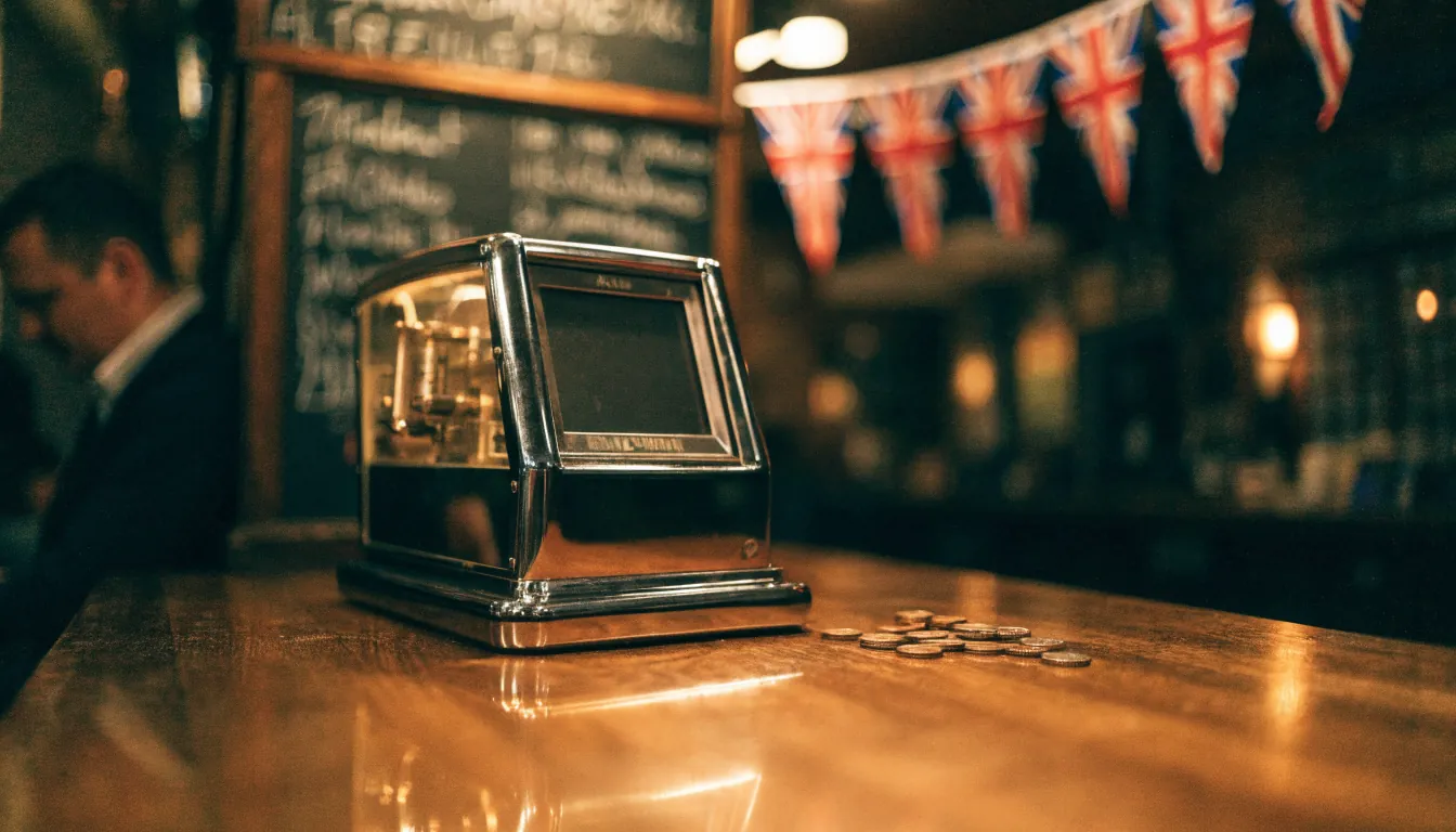Traditional British pub slot machine with screen turned away, pennies on counter.