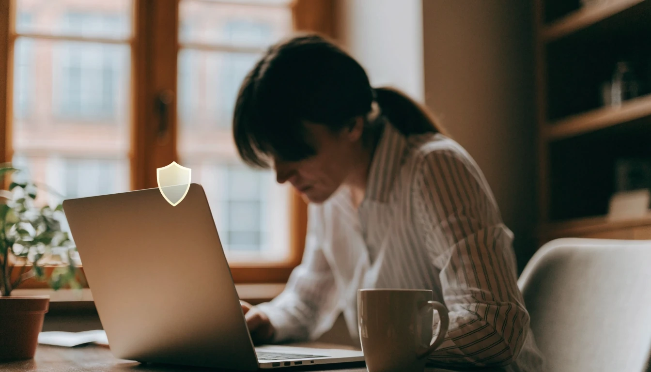 Person working on laptop protected by a glowing digital privacy shield at a home desk