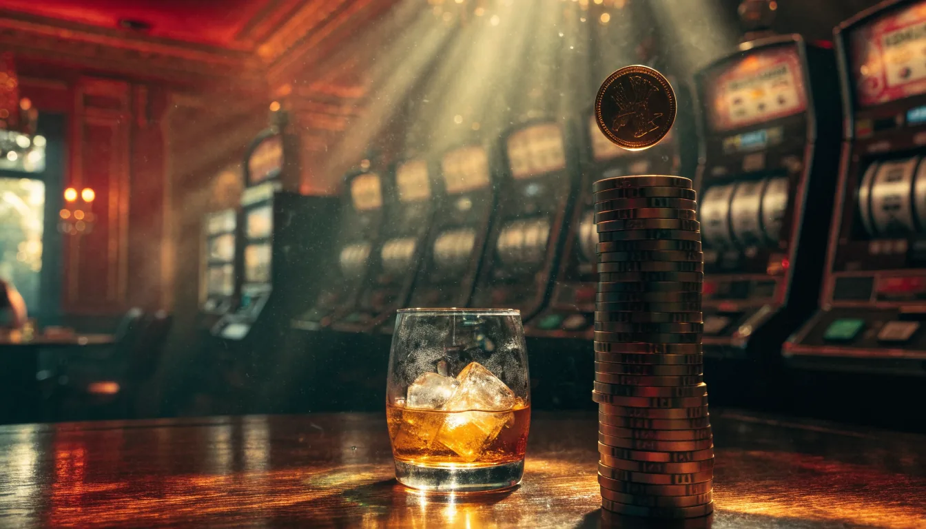 London casino interior with stacked chips, whiskey glass, and softly blurred slot machines in golden spotlight