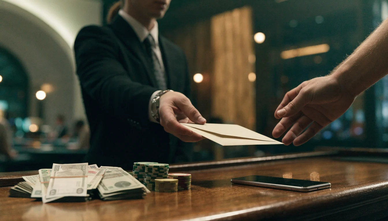 UK casino cashier handing a payout envelope across the desk to a player