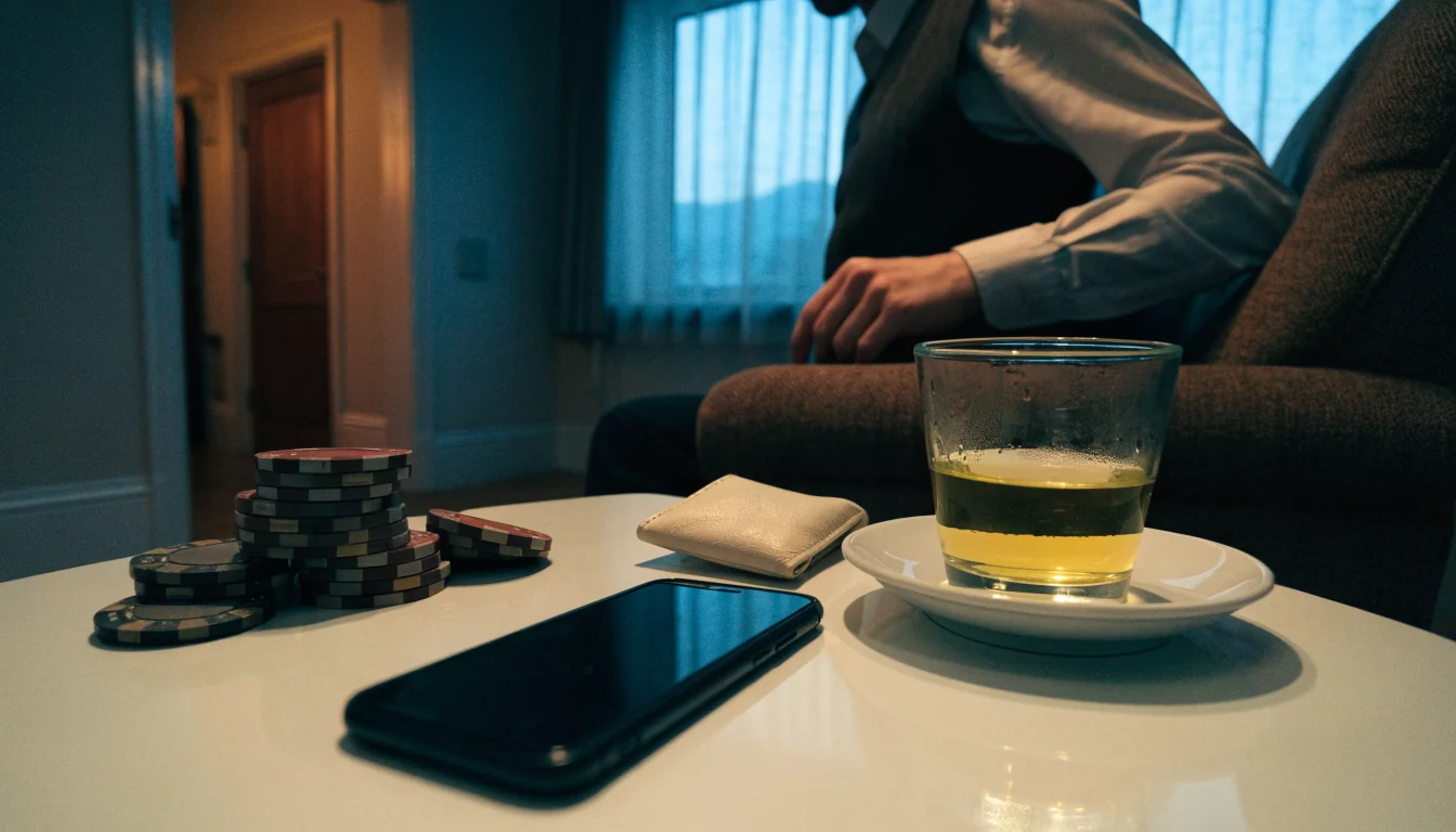 Person pauses beside closed phone and unused gambling chips