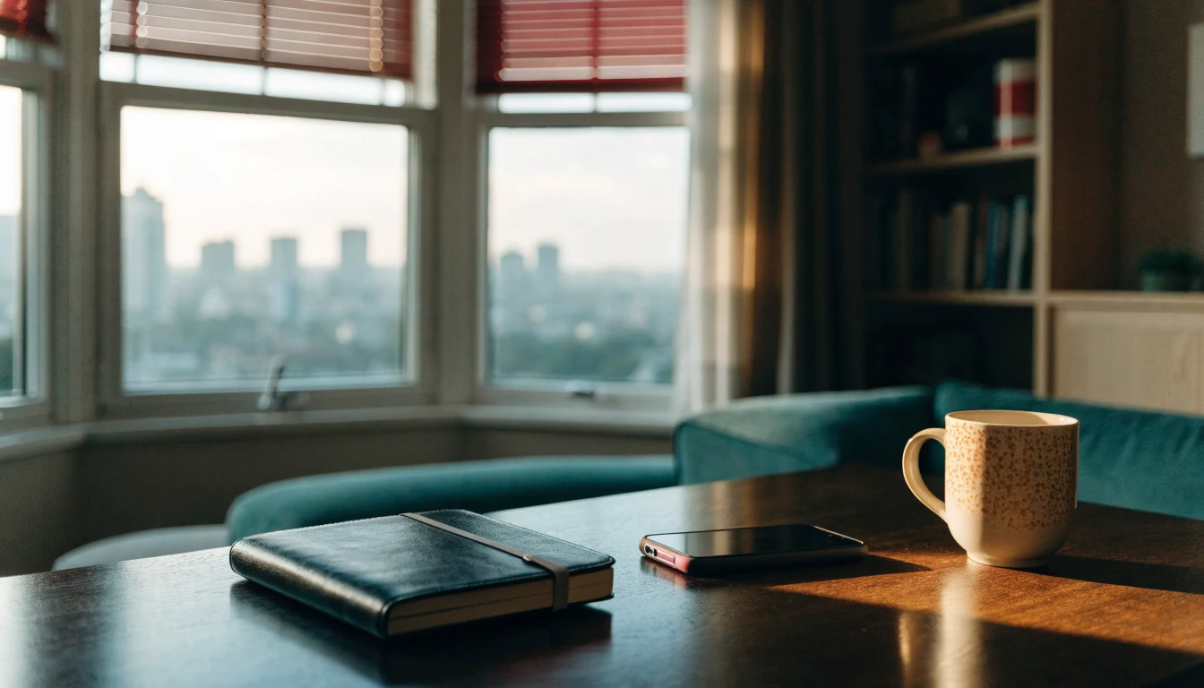 Closed smartphone on a wooden table in a modern British living room with afternoon light.