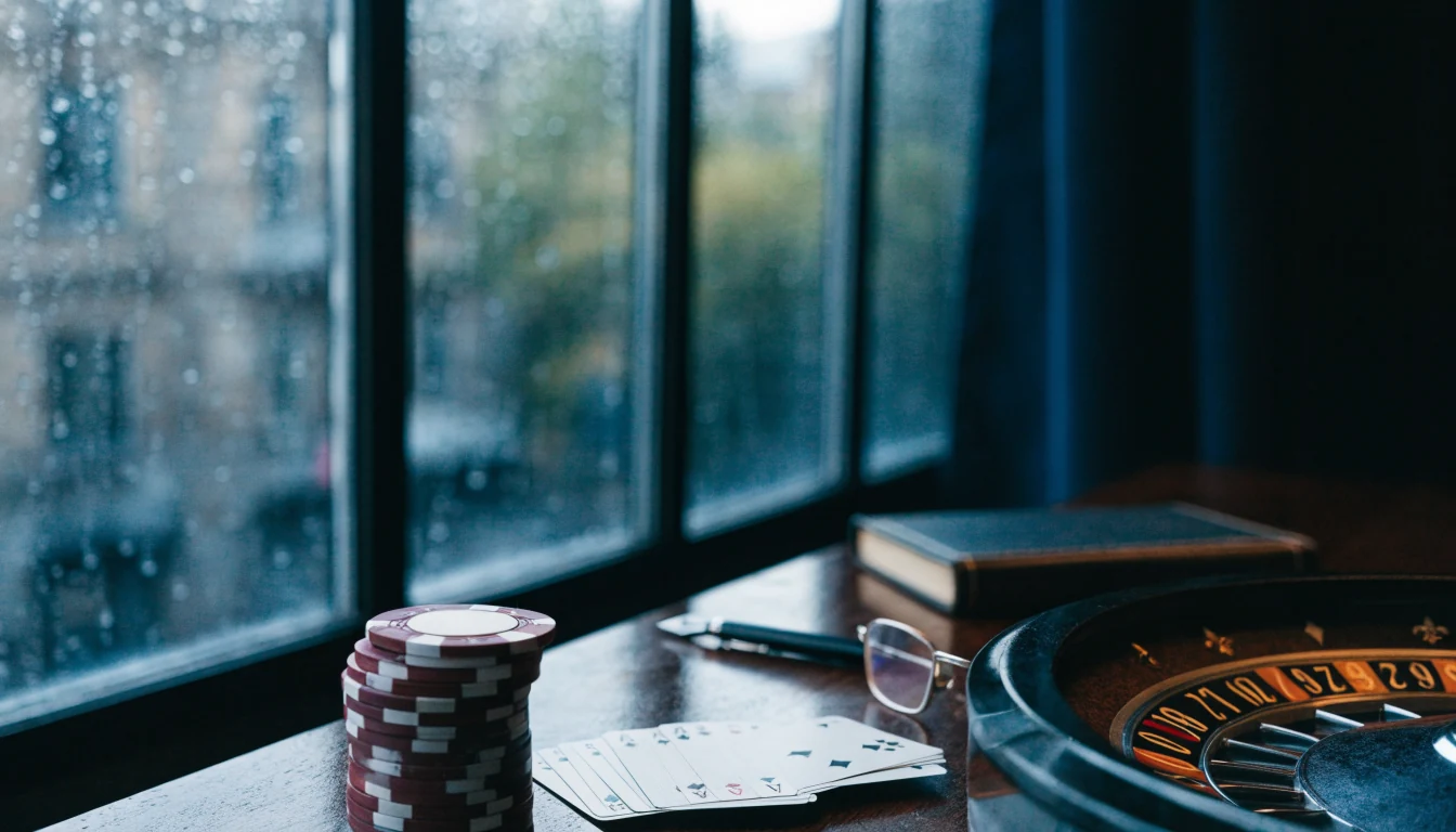 Still life of casino objects, reading glasses, and terms book in a British interior