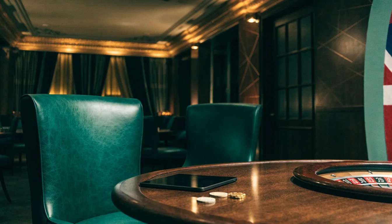 Elegant British casino lounge with roulette wheel, chips and closed tablet