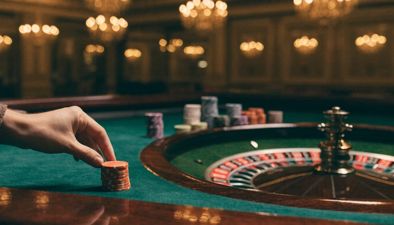 Casino table with chips and roulette wheel in an elegant UK casino interior.