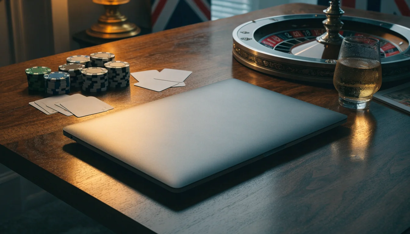Elegant UK casino review setup with closed laptop, roulette wheel and chips