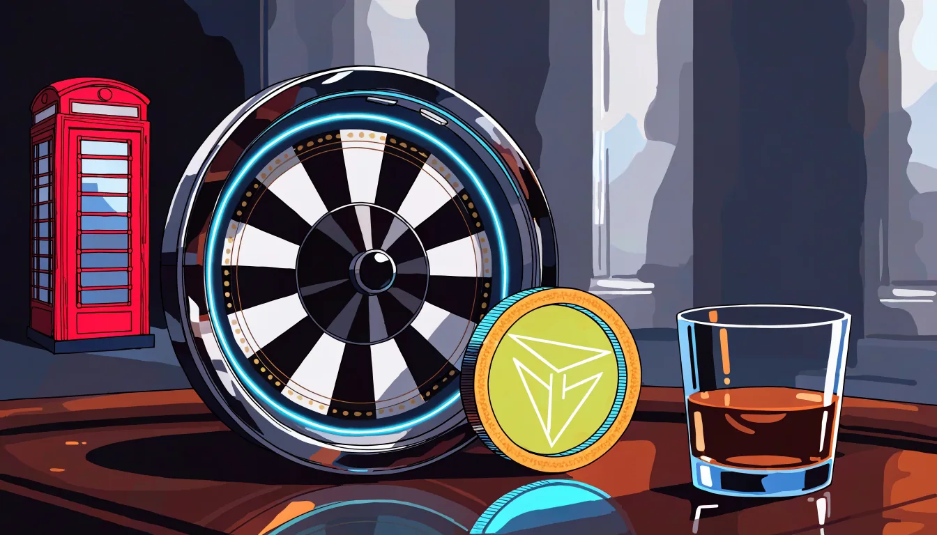 Stylized TRON coin beside a roulette wheel with subtle UK accents