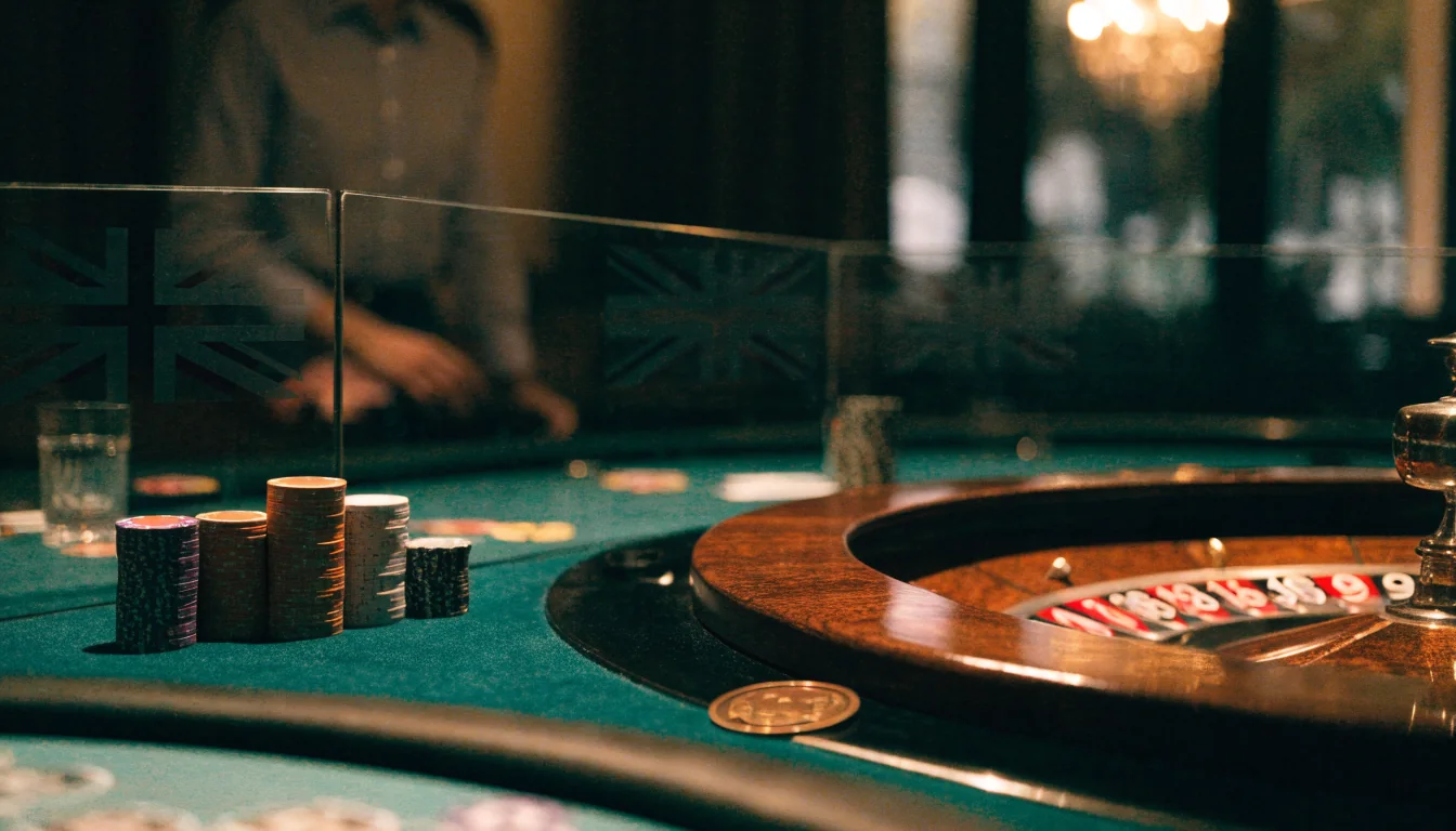 Elegant British-style casino table with chips and roulette wheel under warm lighting