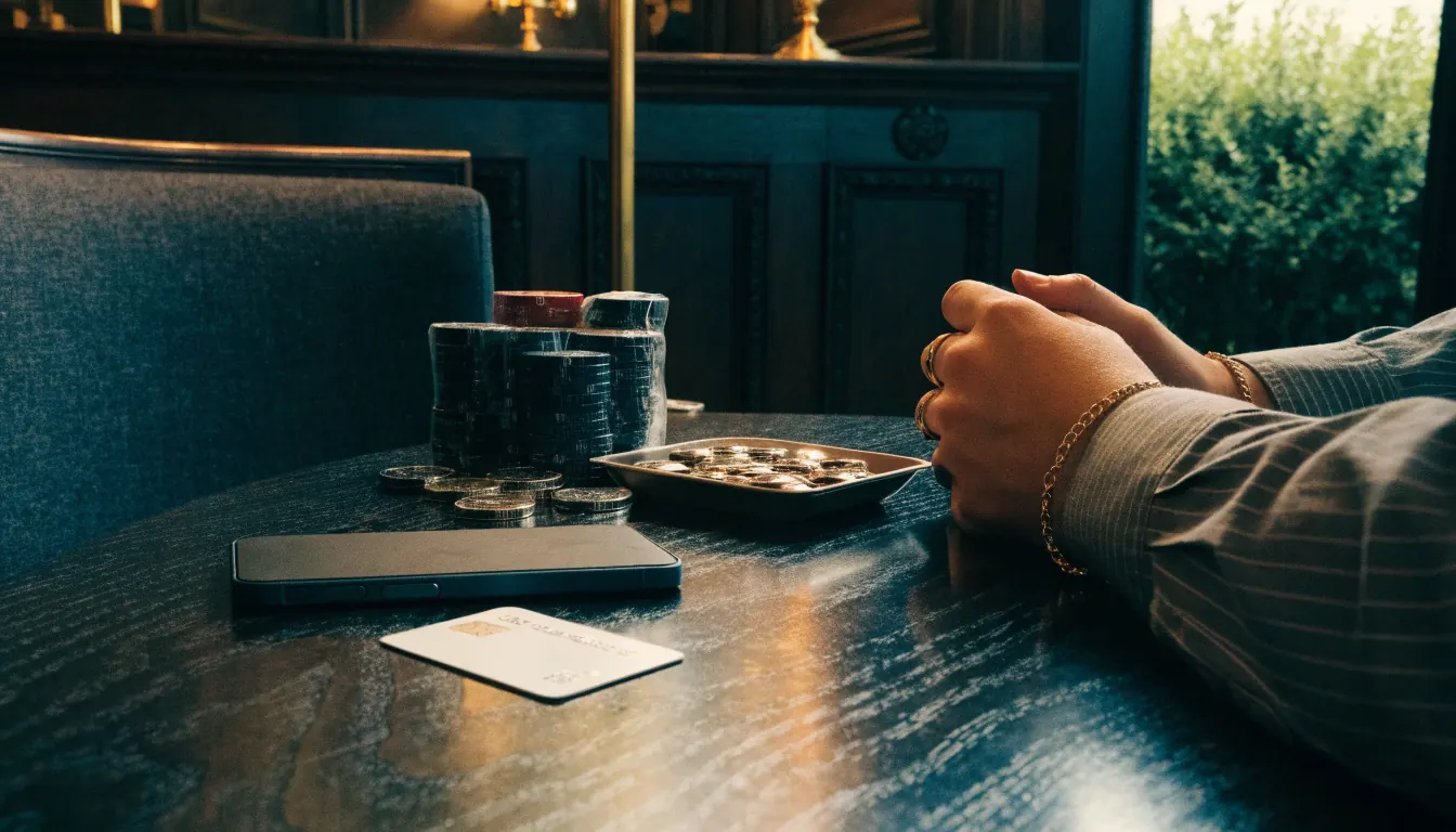 UK casino payment review scene with phone, card, and tokens