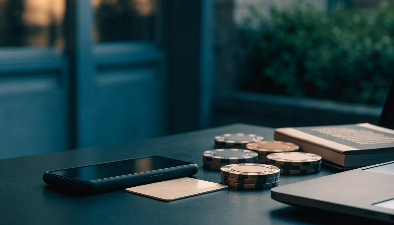 Smartphone, payment card, chips and bonus terms in a UK casino setting