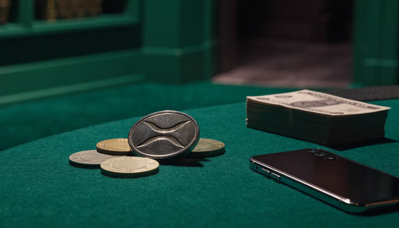 XRP token with casino chips on green table