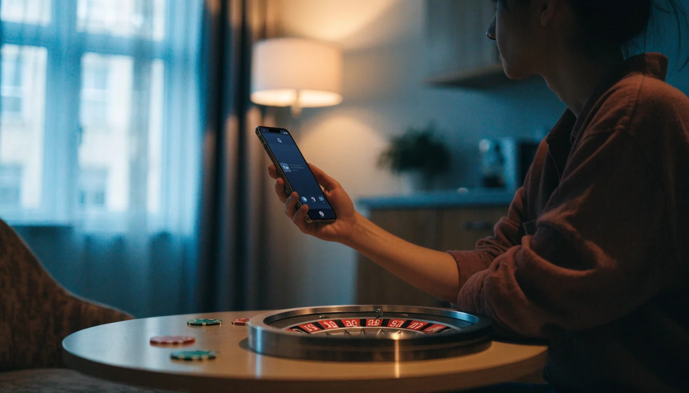Person in UK flat holding smartphone near casino chips and roulette wheel.
