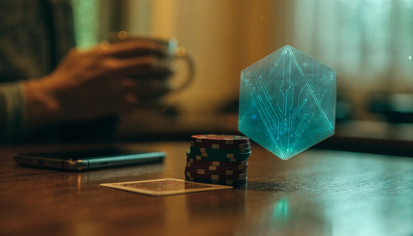 Solana crypto emblem above casino chips on a desk