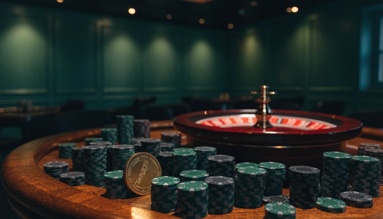 Gold Tether USDT coin on a British casino roulette table