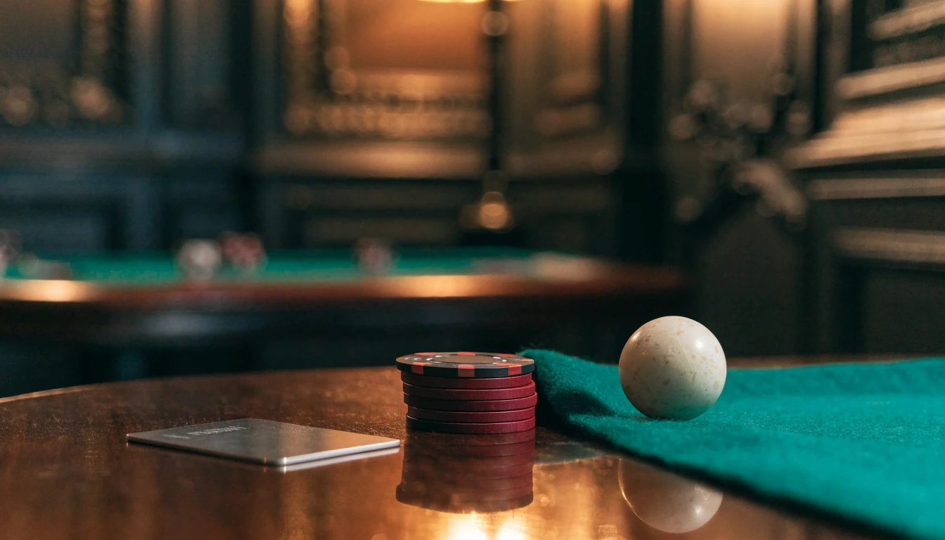 Credit card beside poker chips and roulette ball on a dark desk