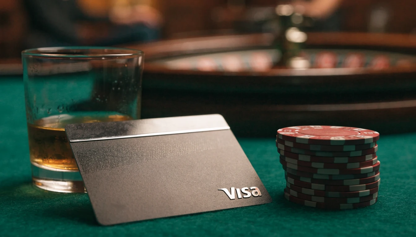 Visa debit card on a casino table with chips in a UK lounge