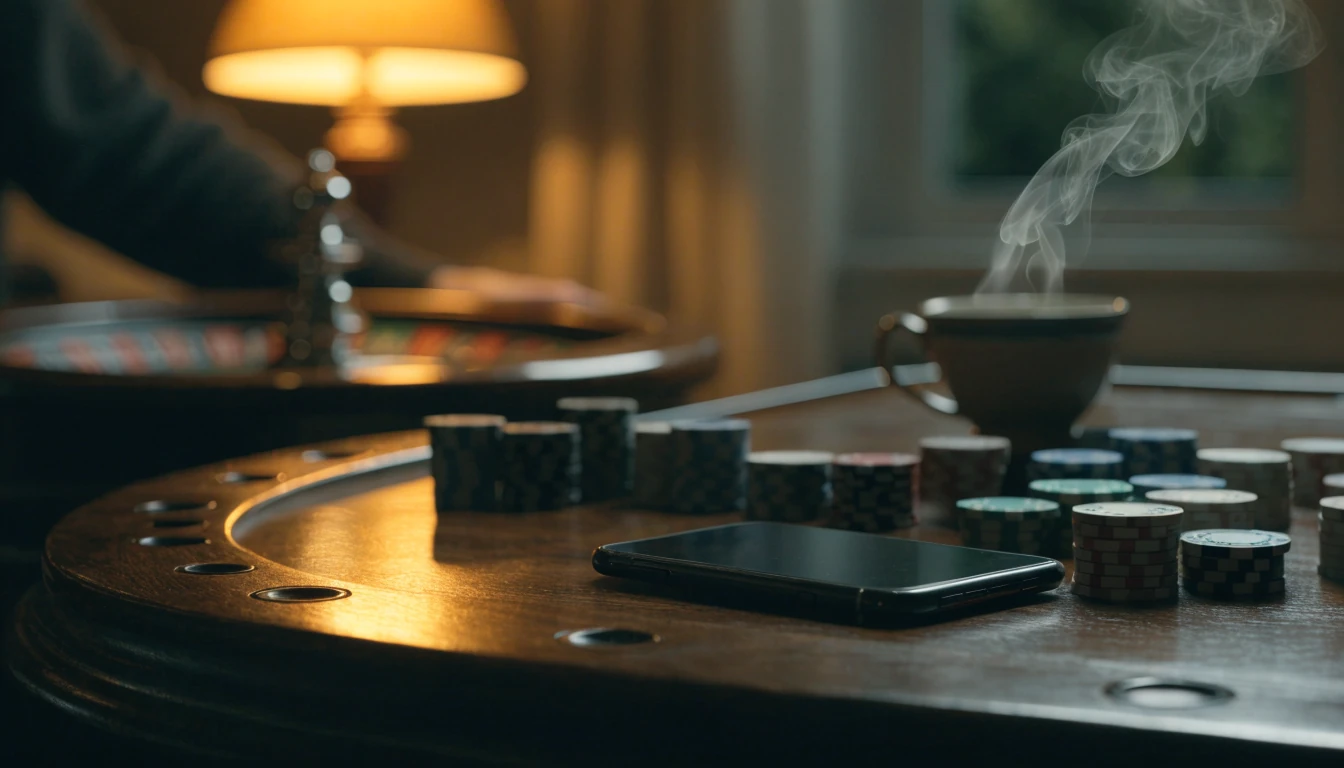 Casino table with chips, roulette, and a face-down smartphone under warm lighting.