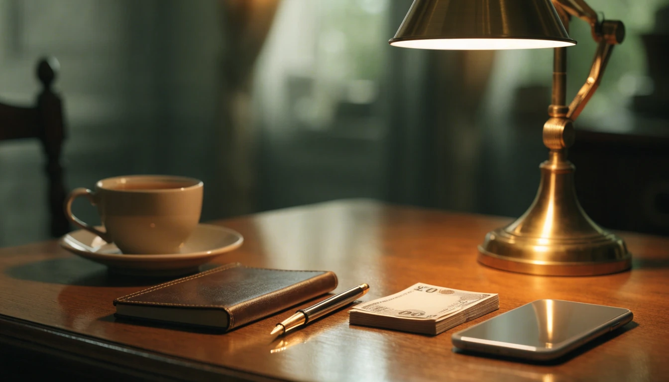British desk scene with banknotes, chequebook and phone suggesting wire transfer payment