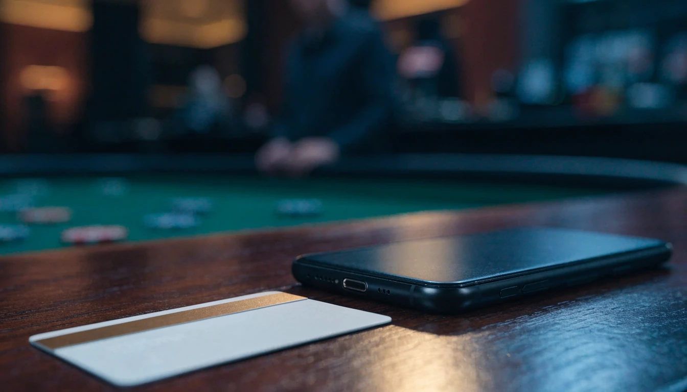 Face-down smartphone and payment card in a refined UK casino setting
