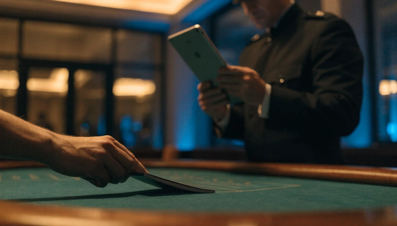 Hand passing passport to a security officer in a British casino lounge, symbolizing identity verification.