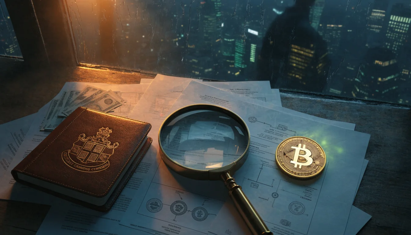 Illustration of a London office desk with regulatory paperwork, Bitcoin, and British pounds under moody lighting.