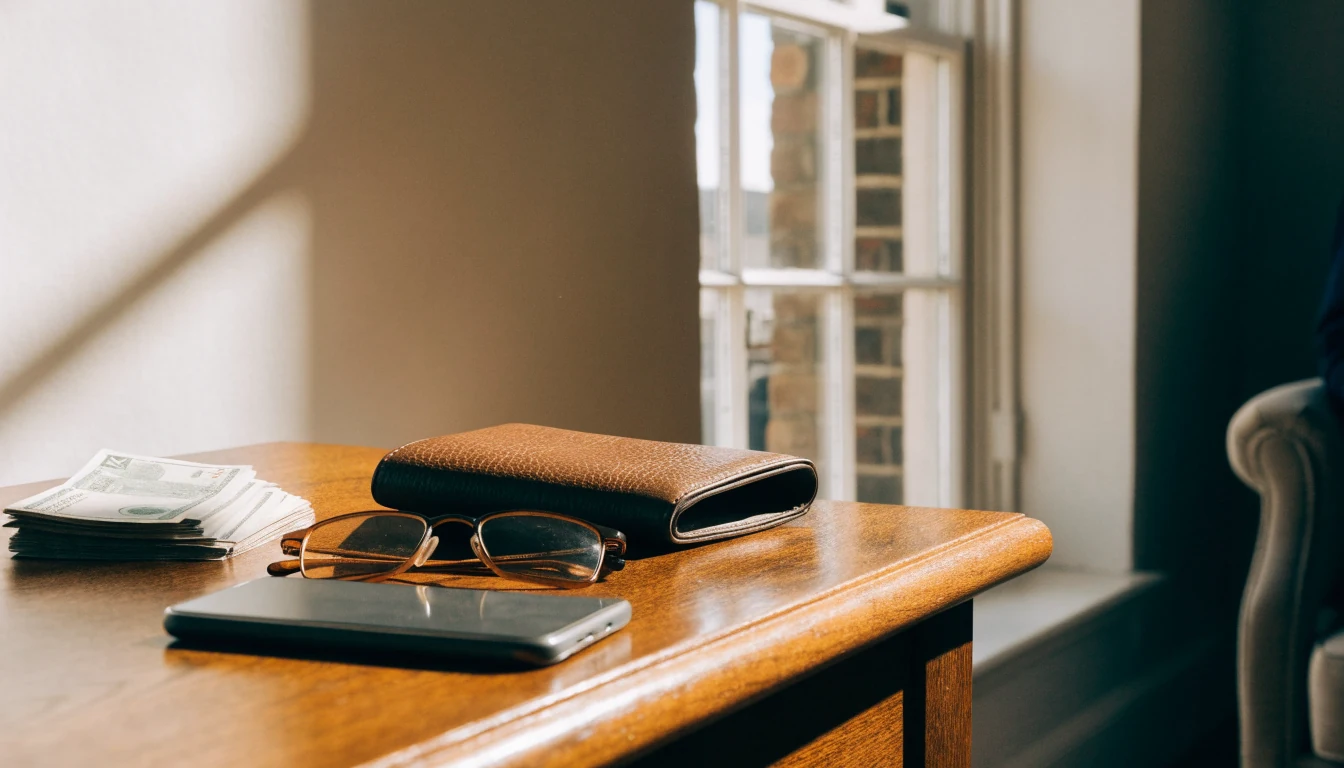 British pounds, wallet, and a face-down smartphone on a side table in a London home.